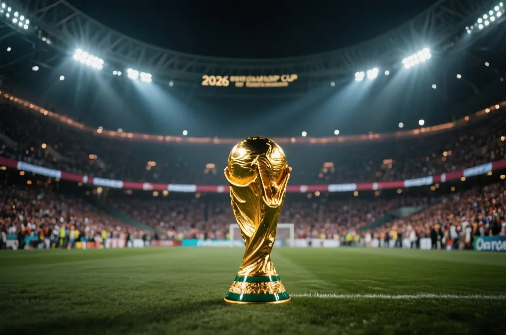 2026年世界杯决赛球场，座无虚席，灯光璀璨，金杯在前景熠熠生辉，电影感画面